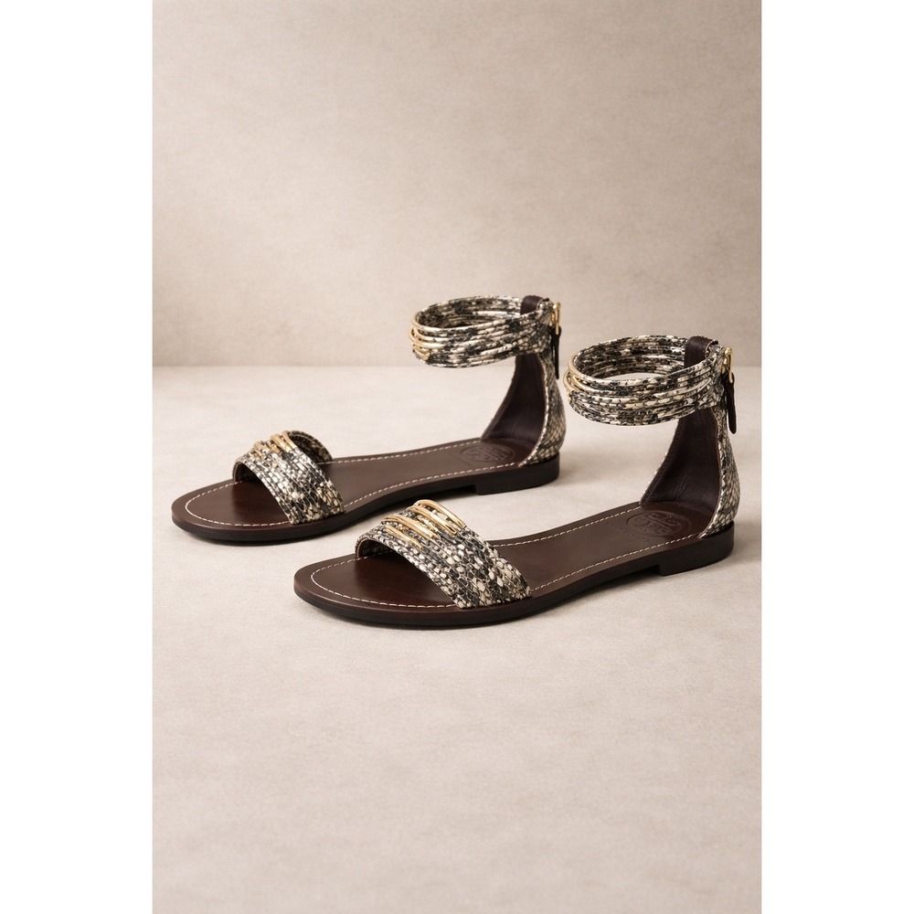 Tory Burch Snakeskin Embossed Leather Gold Boho Hardware Ankle Strap Sandals 6.5